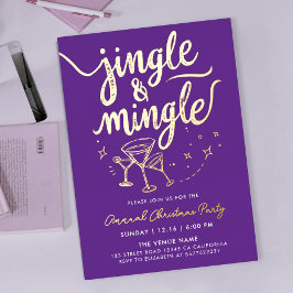 Sparkly Gold Purple Jingle Mingle Cocktail Doodles Folie Uitnodiging