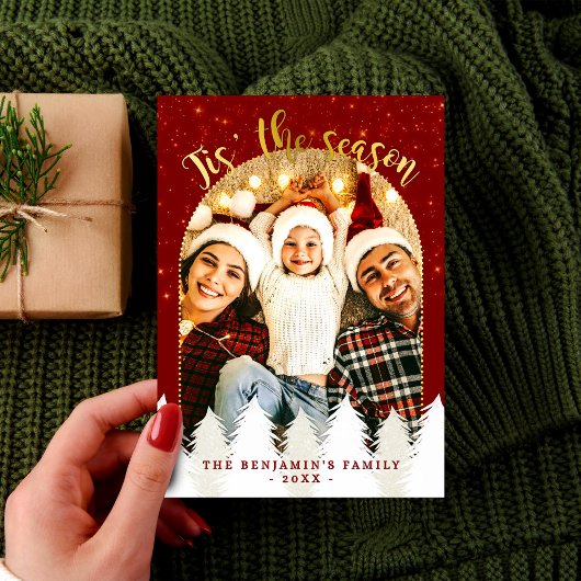 Sparkly Gold Red Tis 'Het seizoen Kerstbomen Feestdagenkaart