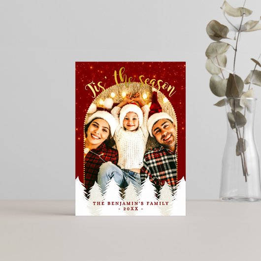 Sparkly Gold Red Tis 'Het seizoen Kerstbomen Feestdagenkaart