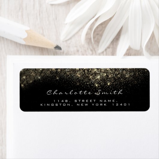 Sparkly Gold Sepia Confetti Black White RSVP Etiket (Insitu)