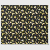 Sparkly Gold Stars Moon Black Sky Black Cadeaupapier (Vlak)