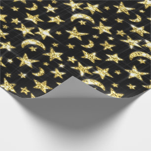 Sparkly Gold Stars Moon Black Sky Black Cadeaupapier