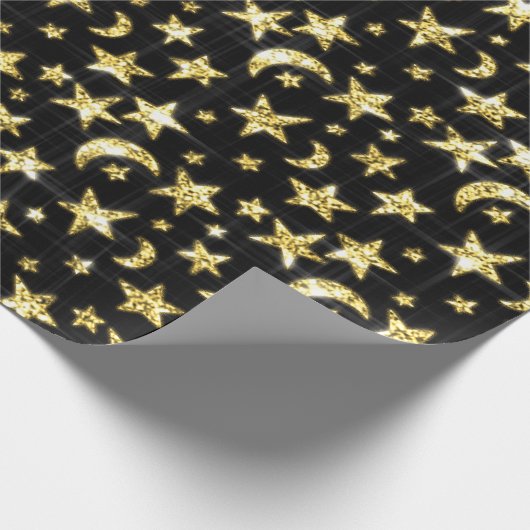 Sparkly Gold Stars Moon Black Sky Black Cadeaupapier (Hoek)