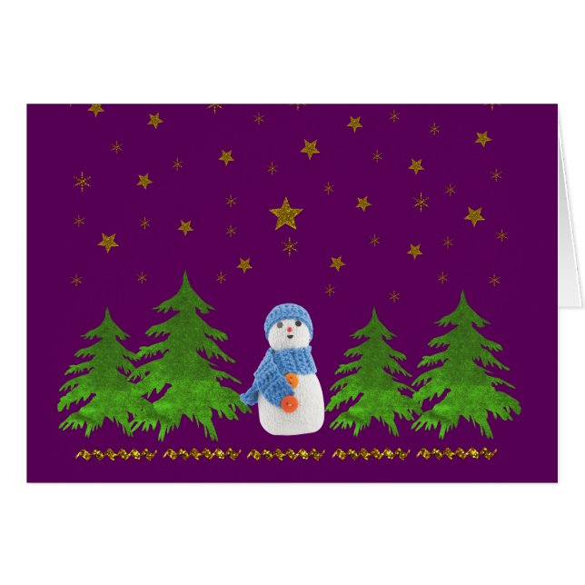 Sparkly gold stars, sneeuwman en groene boom (Voorkant Horizontaal)