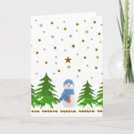 Sparkly gold stars, sneeuwman en groene boom feestdagen kaart