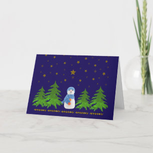 Sparkly gold stars, sneeuwman en groene boom feestdagen kaart