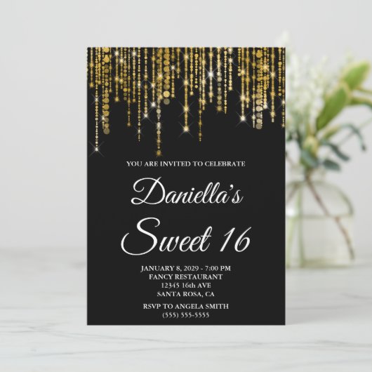 Sparkly Gold String Lights Black Sweet 16 Kaart (Staand voorkant)