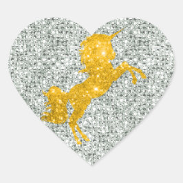 Sparkly Gold Unicorn op Silver Glitter Hart Sticker