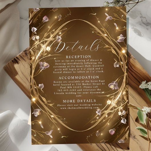 Sparkly Golden Glam Floral Wedding Informatiekaartje