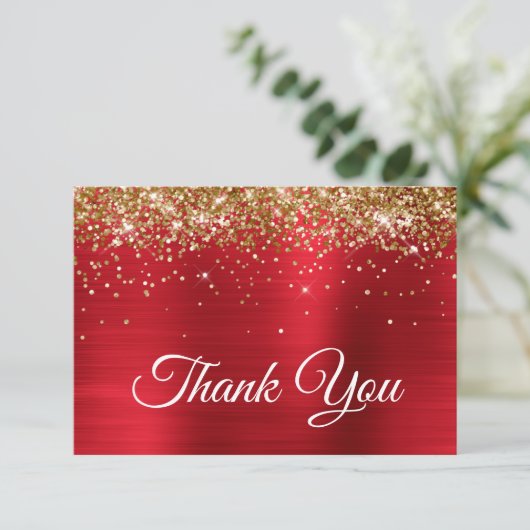 Sparkly Golden Glitter Red Satin Ombre Folie Bedankkaart (Staand voorkant)