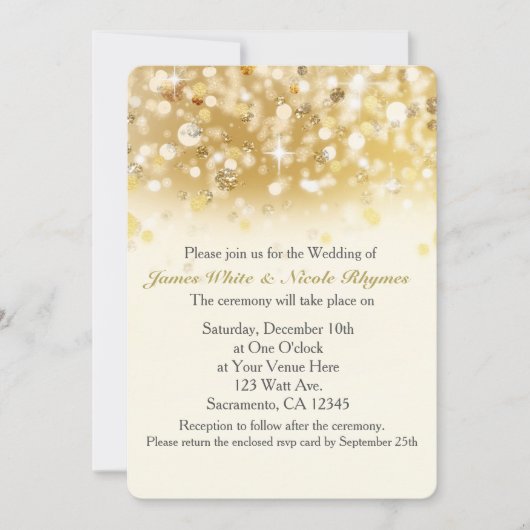 Sparkly Golden Holiday Wedding Invitation Kaart (Voorkant)