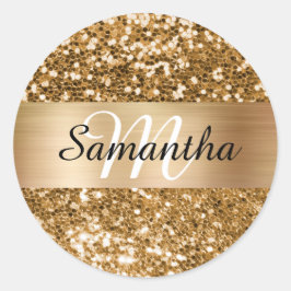 Sparkly gouden Glitter Shimmer Monogram Ronde Sticker