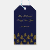 Sparkly gouden kerstboom op blauwe kerst cadeaulabel (Voorkant)