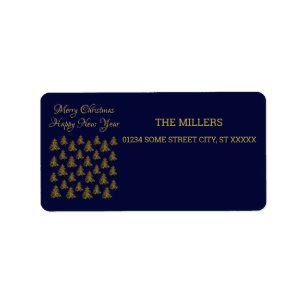 Sparkly gouden kerstboom op blauwe kerst etiket