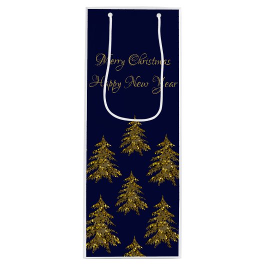Sparkly gouden kerstboom op blauwe kerst wijn cadeautas (Voorkant)