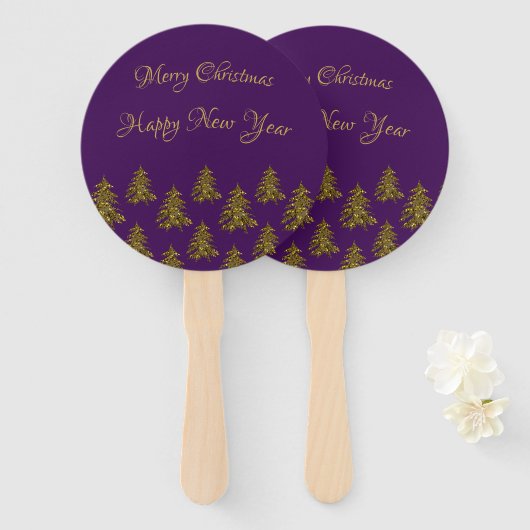 Sparkly gouden kerstboom op paarse kerst handwaaier (Voorkant en achterkant)