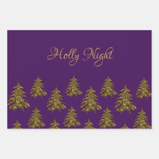 Sparkly gouden kerstboom op paarse kerst inpakpapier vel (Voorkant 3)