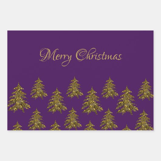 Sparkly gouden kerstboom op paarse kerst inpakpapier vel (Voorkant)