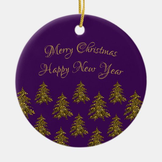 Sparkly gouden kerstboom op paarse kerst keramisch ornament (Voorkant)