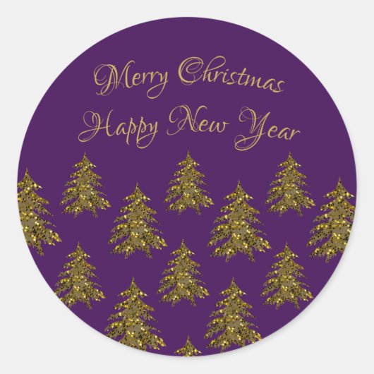 Sparkly gouden kerstboom op paarse kerst ronde sticker (Voorkant)