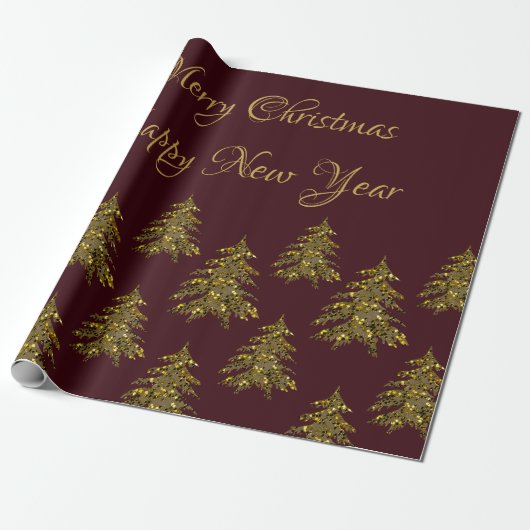 Sparkly gouden kerstboom op rode kerst cadeaupapier (Uitgerold)