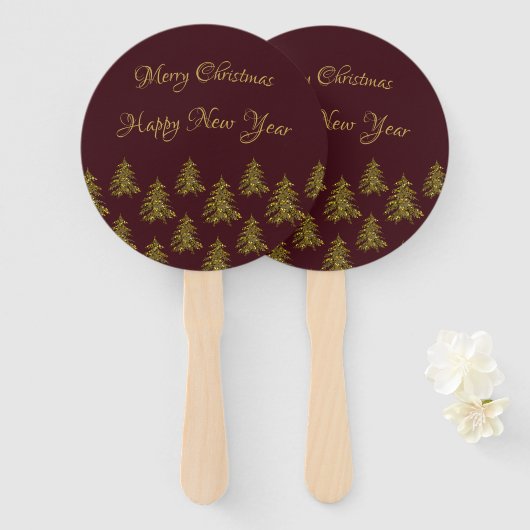 Sparkly gouden kerstboom op rode kerst handwaaier (Voorkant en achterkant)