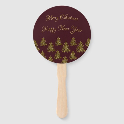 Sparkly gouden kerstboom op rode kerst handwaaier (Voorkant)