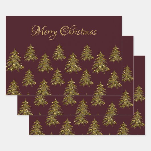 Sparkly gouden kerstboom op rode kerst inpakpapier vel (Set)