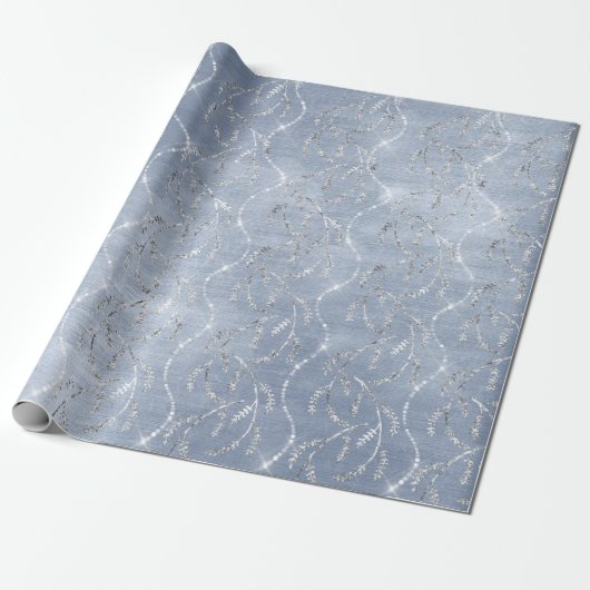 Sparkly Gray Blue Laurel Floral Silver Diamonds Cadeaupapier (Uitgerold)