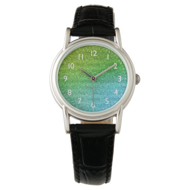 Sparkly Green & Blue Gradient Glitter Horloge (Voorkant)