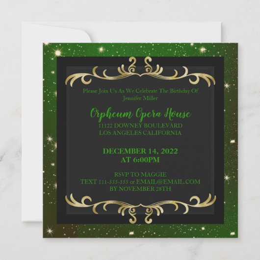 Sparkly Green en Gold Birthday Invitation Kaart (Achterkant)