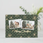 Sparkly Green Gold Snowflakes Fotokerstmis Feestdagenkaart (Staand voorkant)