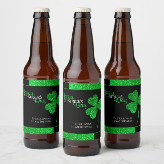 Sparkly Green Shamrock St Patrick Gepersonaliseerd Bier Etiket (Flessen)