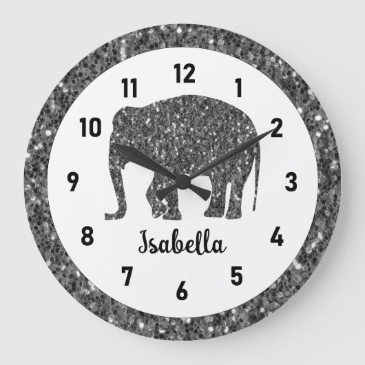 Sparkly grijze Olifant Aangepaste naam Grote Klok (Voorkant)