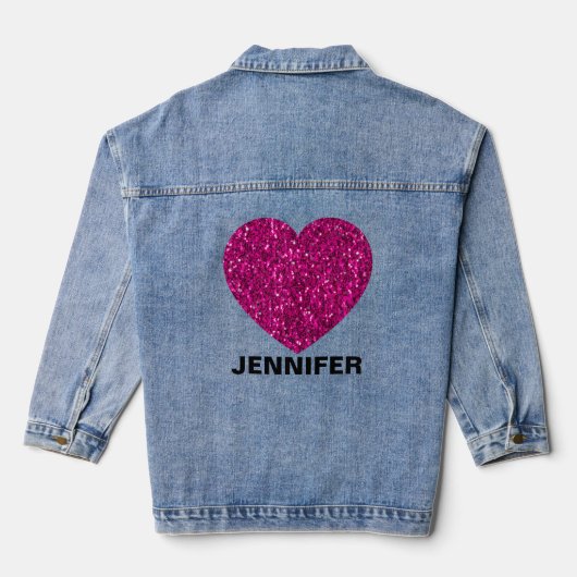Sparkly heet roze hart faux sparkle Jouw naam Denim Jacket (Achterkant)