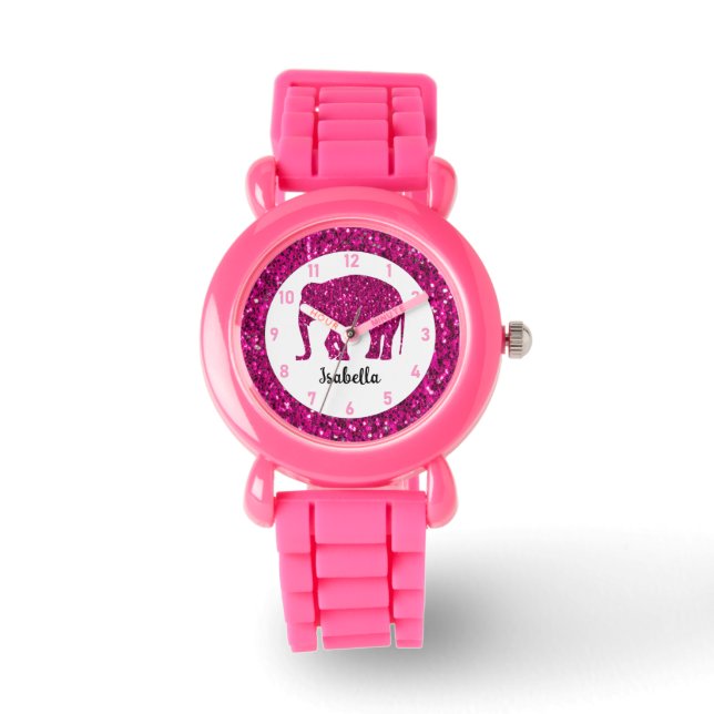 Sparkly heet roze Olifant Custom naam Horloge (Voorkant)