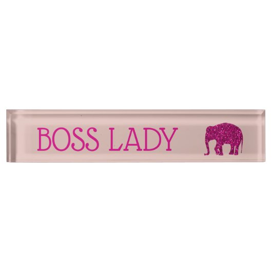 Sparkly heet roze Olifant faux sparkle Boss Lady Naambordje (Voorkant)