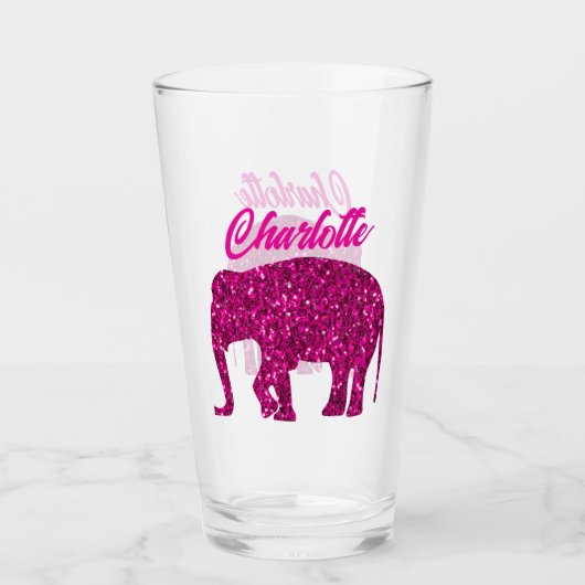 Sparkly heet roze Olifant faux sparkle Jouw naam Glas (Voorkant)