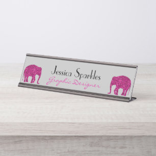 Sparkly heet roze Olifant faux sparkles Jouw naam Bureau Naambordje