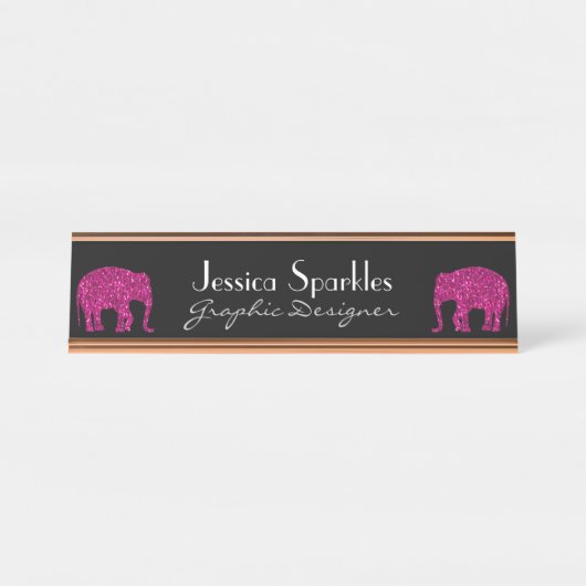 Sparkly heet roze Olifant faux sparkles Jouw naam Bureau Naambordje (Voorkant)