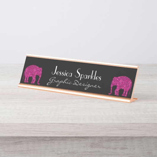 Sparkly heet roze Olifant faux sparkles Jouw naam Bureau Naambordje (Voorkant)