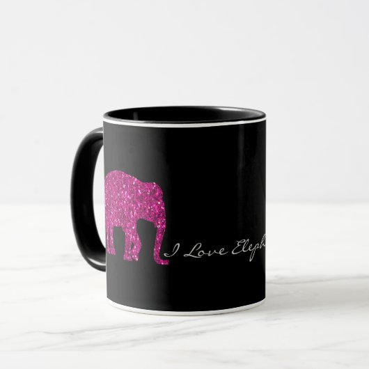 Sparkly heet roze Olifant faux sparkles op zwart Mok (Voorkant links)