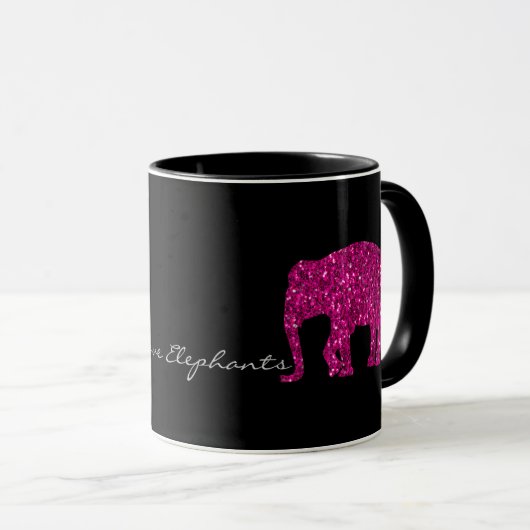 Sparkly heet roze Olifant faux sparkles op zwart Mok (Voorkant rechts)