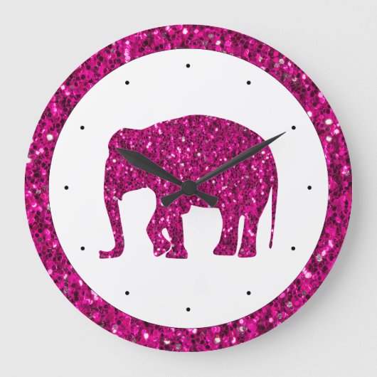 Sparkly hete roze Olifant faux schittert met wit Grote Klok (Voorkant)