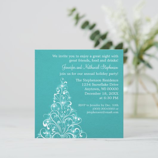 Sparkly Holiday Tree Invite, Blauwgroen Kaart (Staand voorkant)