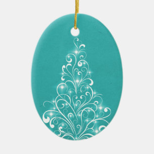 Sparkly Holiday Tree Oval Ornament, Aqua Keramisch Ornament