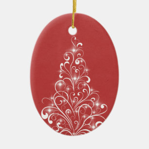Sparkly Holiday Tree Oval Ornament, rood Keramisch Ornament