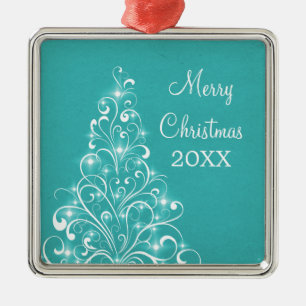 Sparkly Holiday Tree Premium-Ornament, Aqua Metalen Ornament