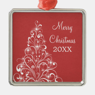 Sparkly Holiday Tree Premium-Ornament, rood Metalen Ornament