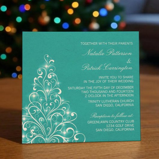 Sparkly Holiday Tree Wedding Invite, Aqua Kaart